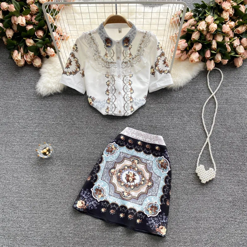 

2021 New Fashion Women Brand Designer Print Suit Female Summer Short-sleeved Shirt High-waist Mini Short Skirt Two-piece Set