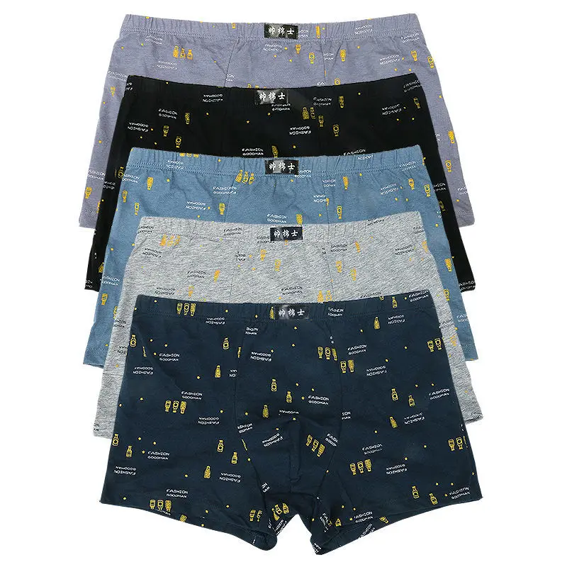 5pcs/Lot 100% Cotton Boxer Printed Men Underwear Cotton Boxer Youth Trend Fattening Four Corner Loose Breathable Bottoms Comfort