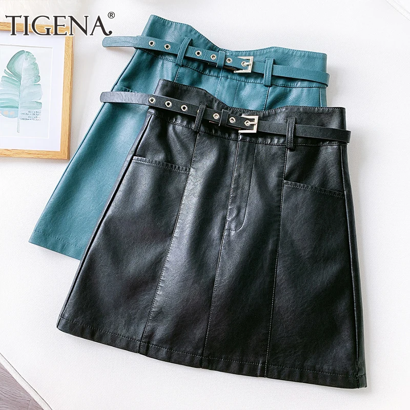 Женская мини юбка из искусственной кожи TIGENA трапециевидная с высокой талией и