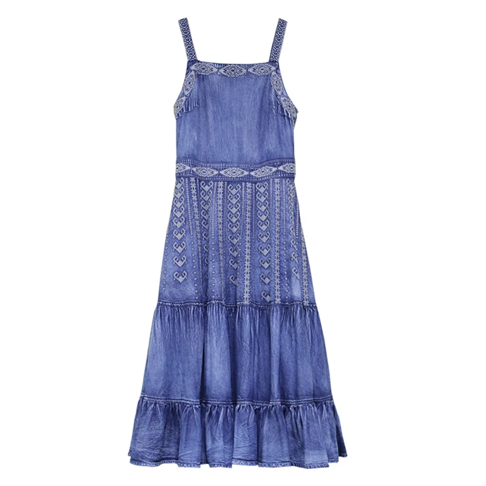 

YUANYUANJYCO Summer Women Mid-Calf Length Indie Folk Denim Dress LYQ34 Vintage A-Line Square Collar Sleeveless Long Clothe