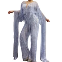 fashion silver tassel women floor length sleeve jumpsuit mesh perspective playsuit nightclub costume birthday party outfit