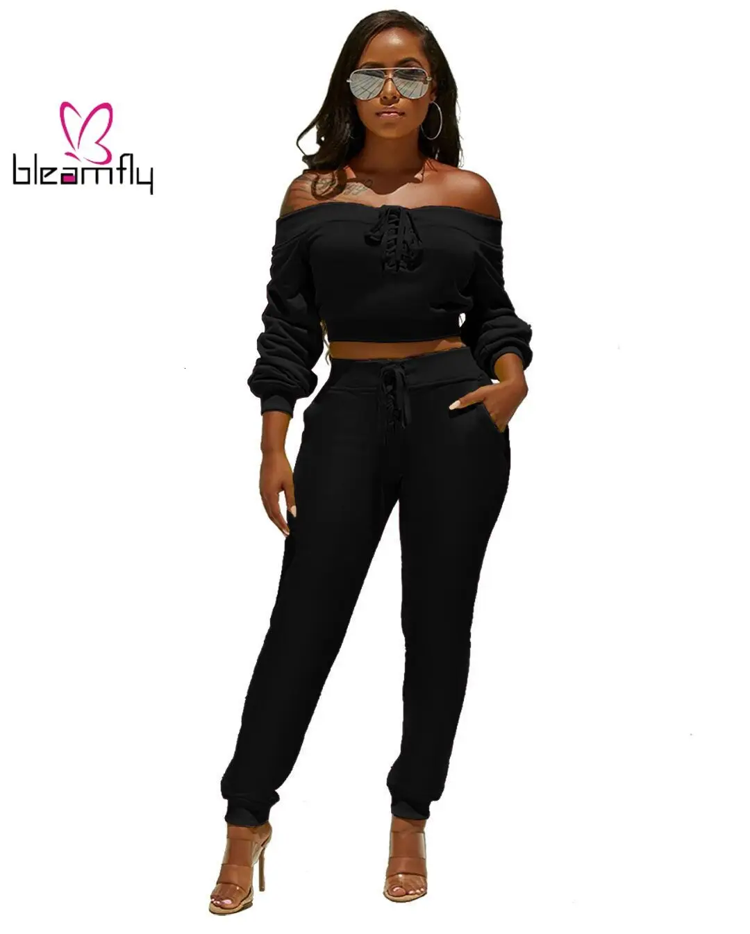 2019 женский осенний костюм на шнуровке с открытыми плечами и вырезом лодочкой топ