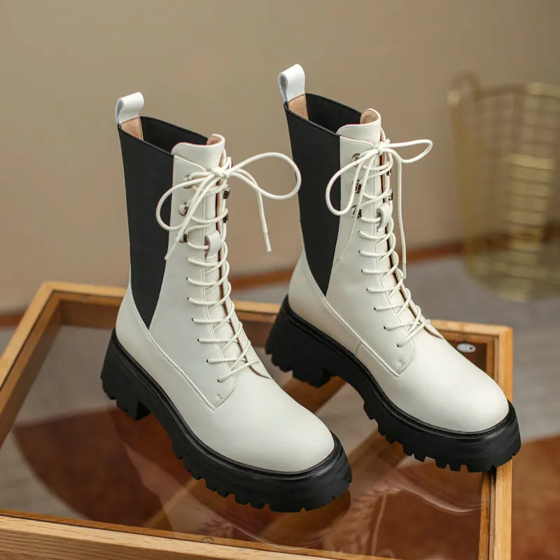 Harga ESVEVA 2022 Sepatu Bot Wanita Kulit Asli Sepatu Bot Pergelangan Kaki Sepatu Musim Dingin Chunky Ukuran 34-39