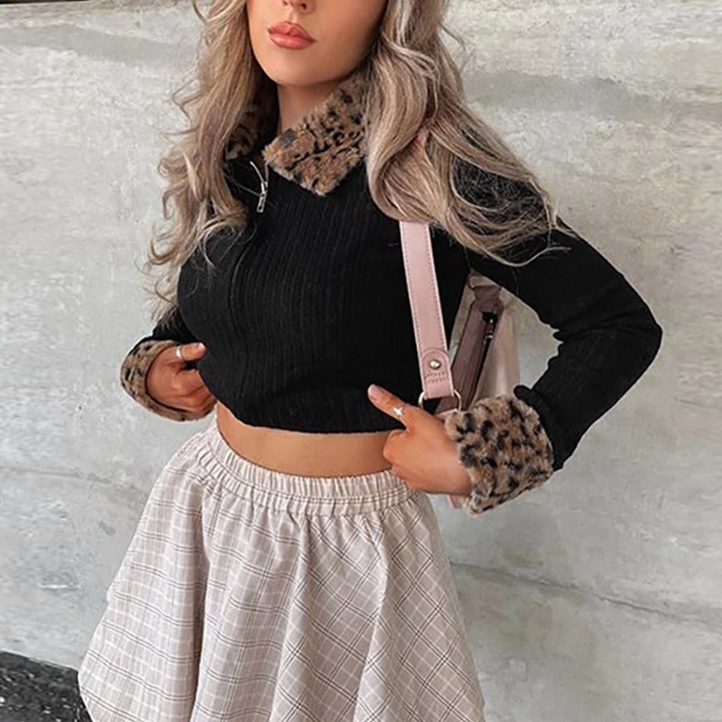 

Cotton Patchwork Warm Coat and Jacket Women Full Sleeve Zipper Short Coat Leopard Print Outerwear Spring Autumn