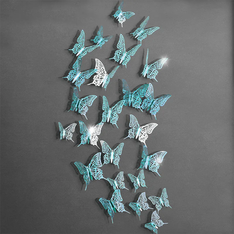 

12pcs/set 3D Blue Butterfly Stickers Party Wedding Wall Sticker For Kids Rooms Living room Window DIY Decor Gold Silver Stickers