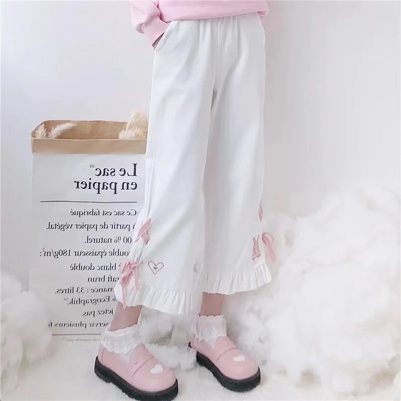 

Japanese Women Lolita Pants Summer 2021 New Fashion Black White Kawaii Ruffles Wide Leg Pants Cute Heart Anime Bow Trousers Girl