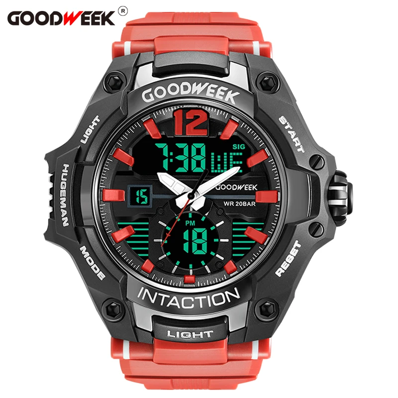 red GOODWEEK спортивные часы с большим циферблатом для мужчин, водонепроницаемые цифровые кварцевые часы с Led двойным дисплеем, часы с хронографом, Relogios Masculino - Цвет: red