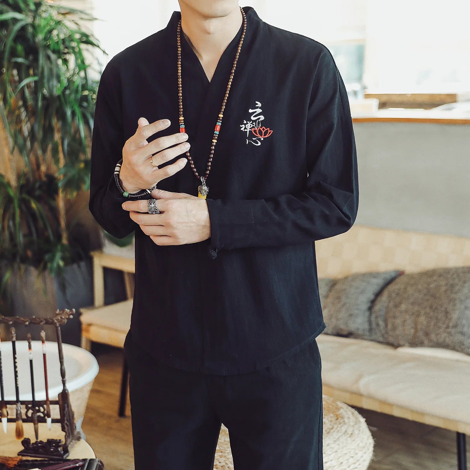 Костюм в китайском стиле для мужчин приталенный костюм Хань Тан из хлопка и льна