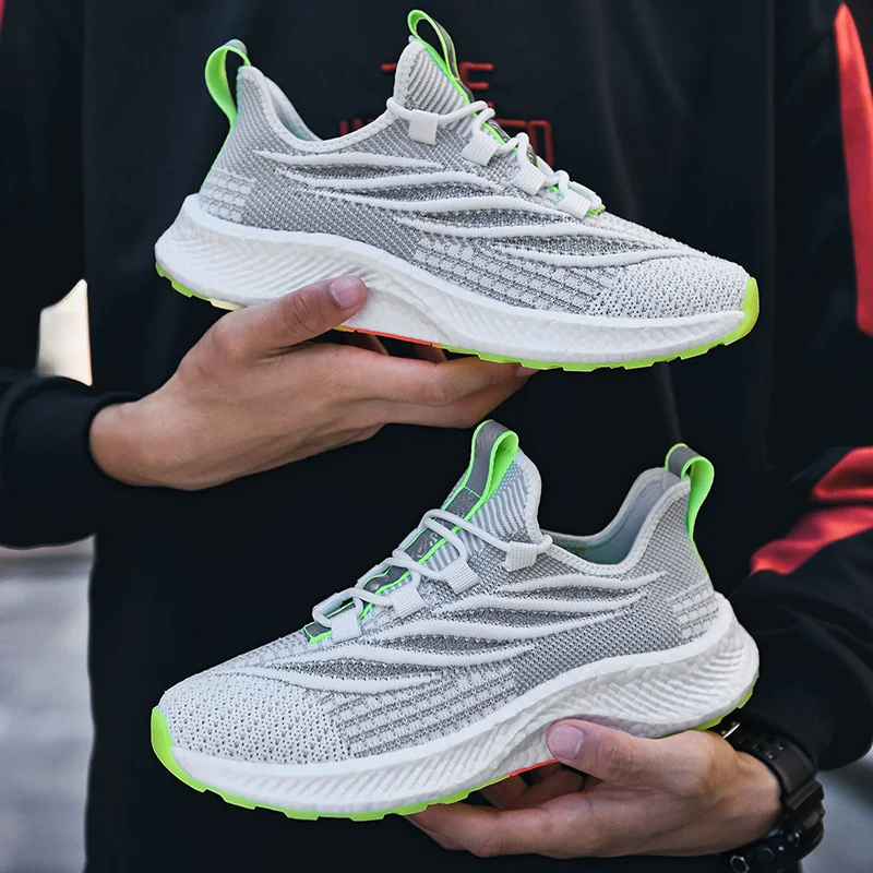 

Men Shoes Light Running Flying Woven Breathable Male Trainers Outdoor Rainbow Popcorn Bottom Sneakers Reflective Athletic Homme