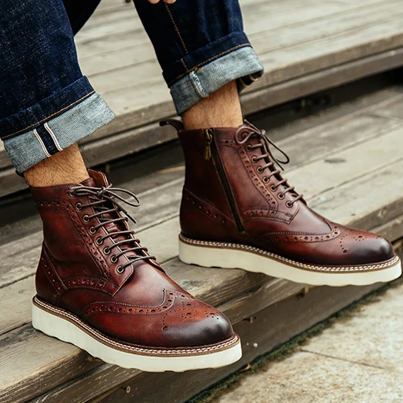 

Men Winter Boots Genuine Calf Leather Chelsea Boots Brogue Formal Business Ankle Flat Shoes Quality Lace up Dress Boots 2021