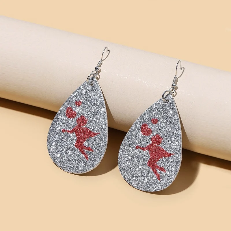 European and American Valentine's Day New Drop-shaped Silver Sequined Leather Earrings Creative Love Angel Jewelry Wholesale |
