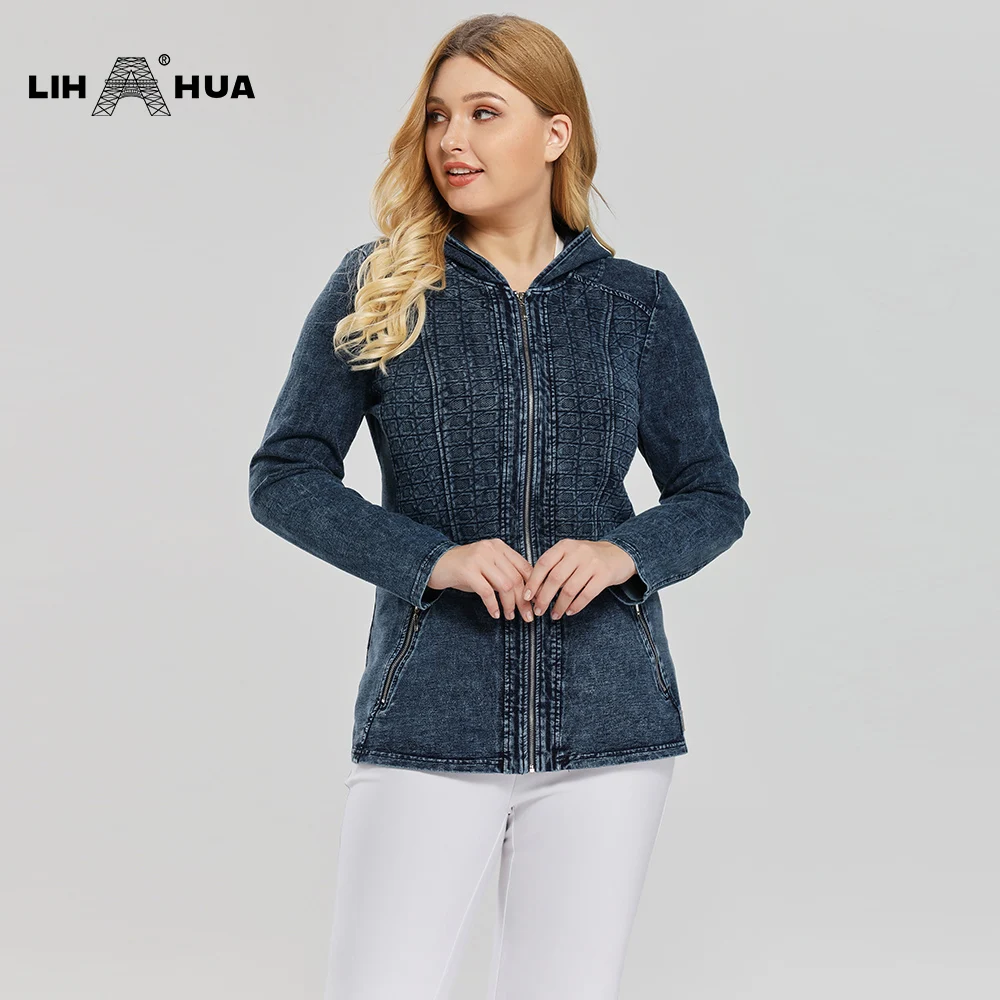 Женская длинная джинсовая куртка LIH HUA повседневная стрейчевая трикотажная