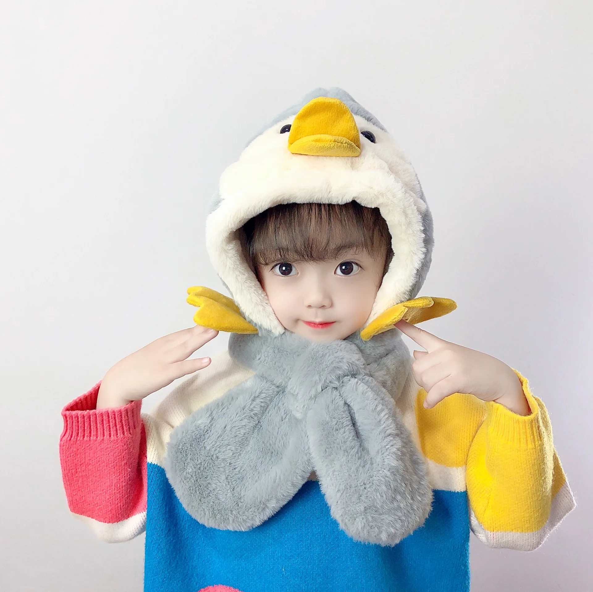 Зимний детский шарф интегрированная шапка Пингвин милая детская с утенком