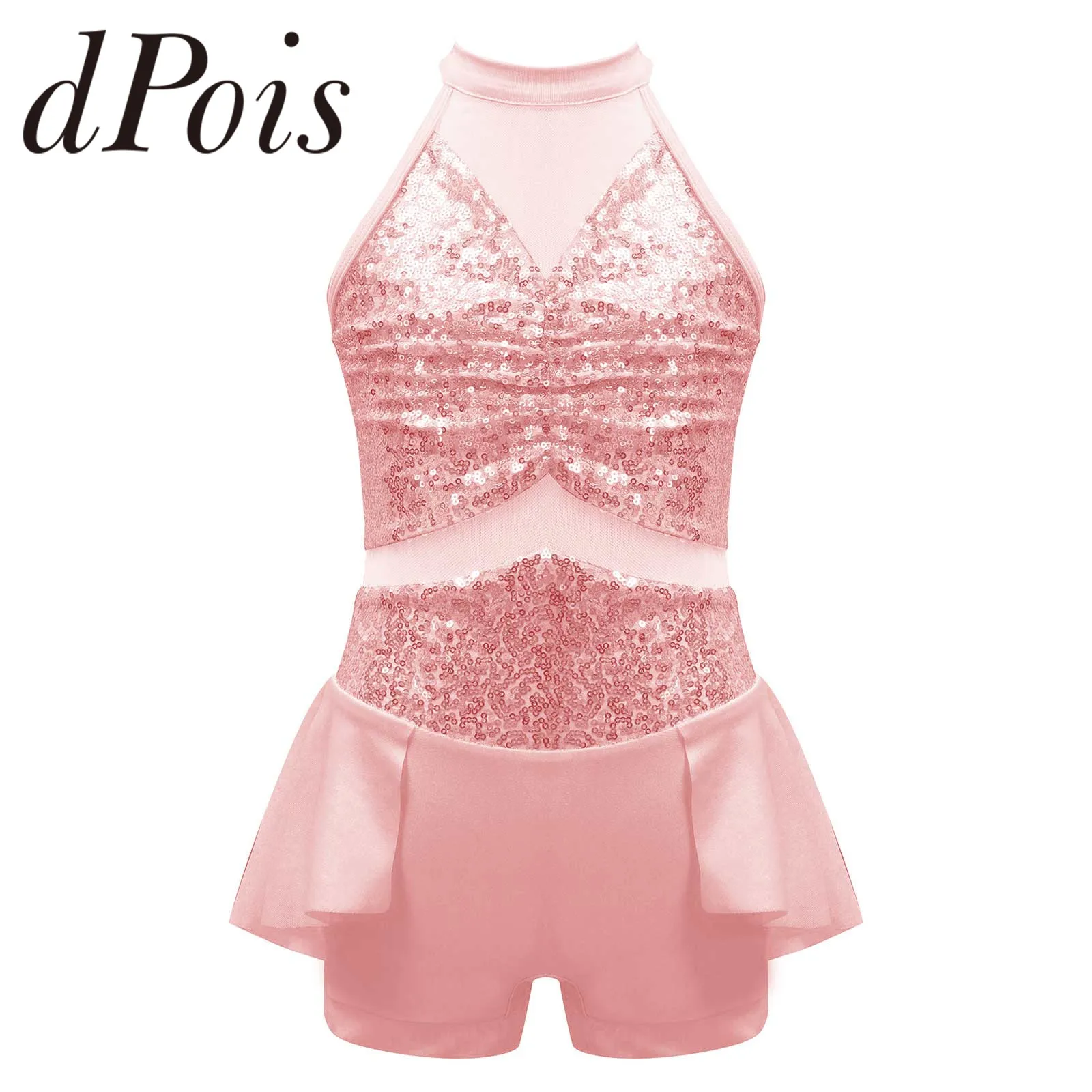 

Kids Girls Sequin Ballet Leotard Halter Sleeveless Shorty Unitard Dress Gymnastics Bodysuit Children Jazz Latin Dancing Costumes