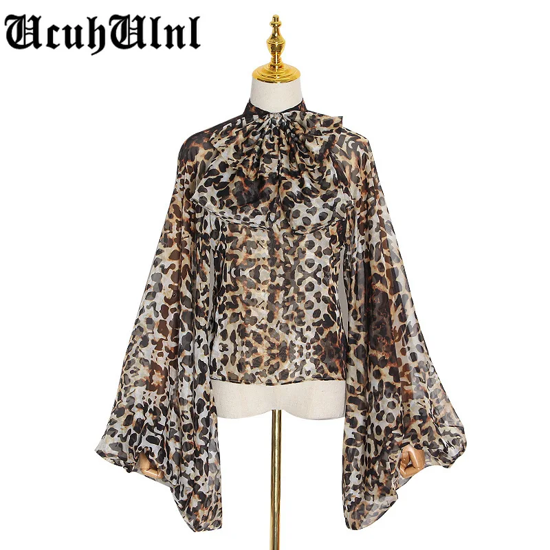 

Bowknot Chiffon Blouse Shirt Women Lantern Sleeve Tulle Transparent Sexy Tops Large Size 2020 Spring Summer Casual