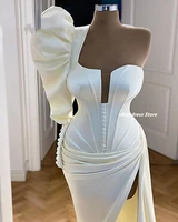 elegant lvory evening dresses one shoulder single long sleeve high slit mermaid satin women party gowns 2022 vestidos de noche