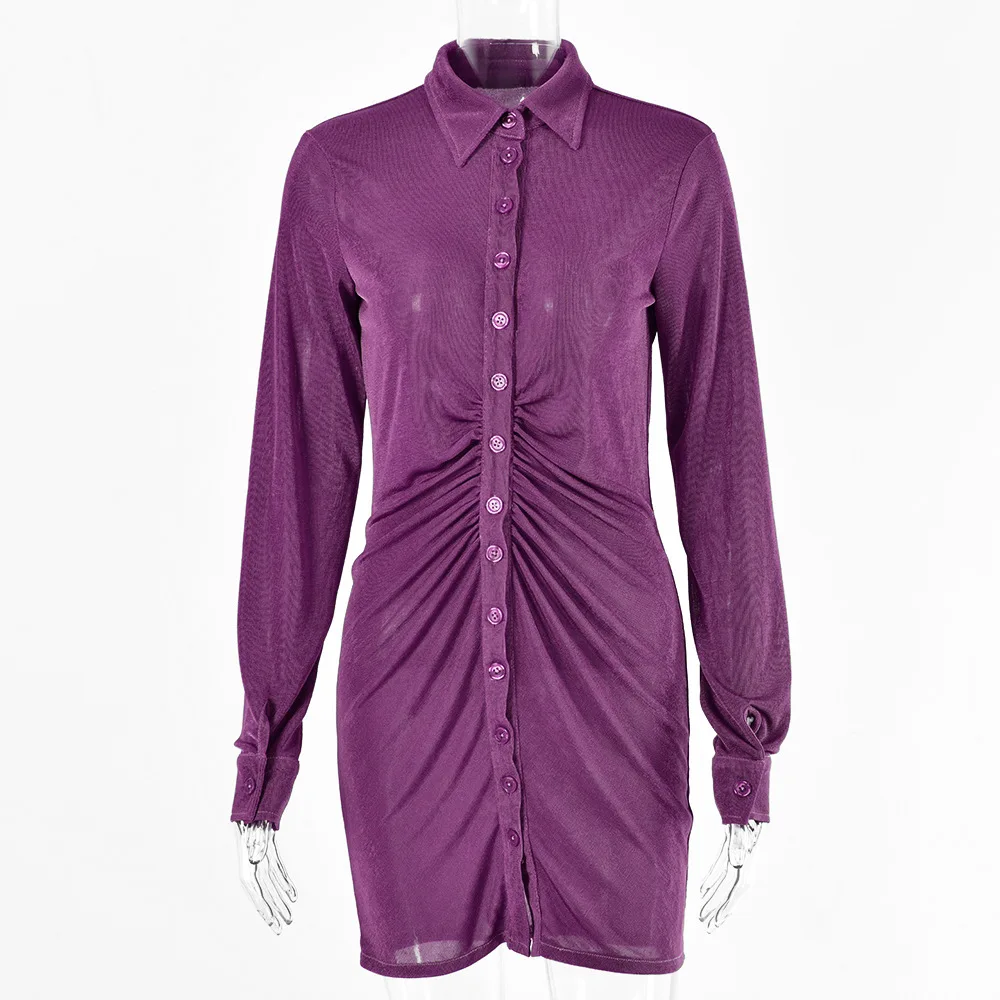 

2021 Pleated Turn-Down Collar Button Blouse Dress Women Sexy Long Sleeve Mini Dresses Solid Streetwear Female Shirt Vestidos