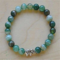 8mm green striped agate gemstone mala bracelet lucky reiki buddhism healing handmade unisex tibet silver bless elephant