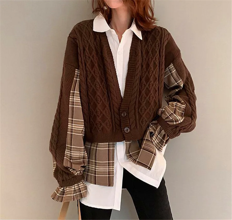 Getspring Women Sweater Spliced Asymmetry Fake Two Knitting Cardigan Irregular Color Matching Casual Cardigans Sweaters 2021 |