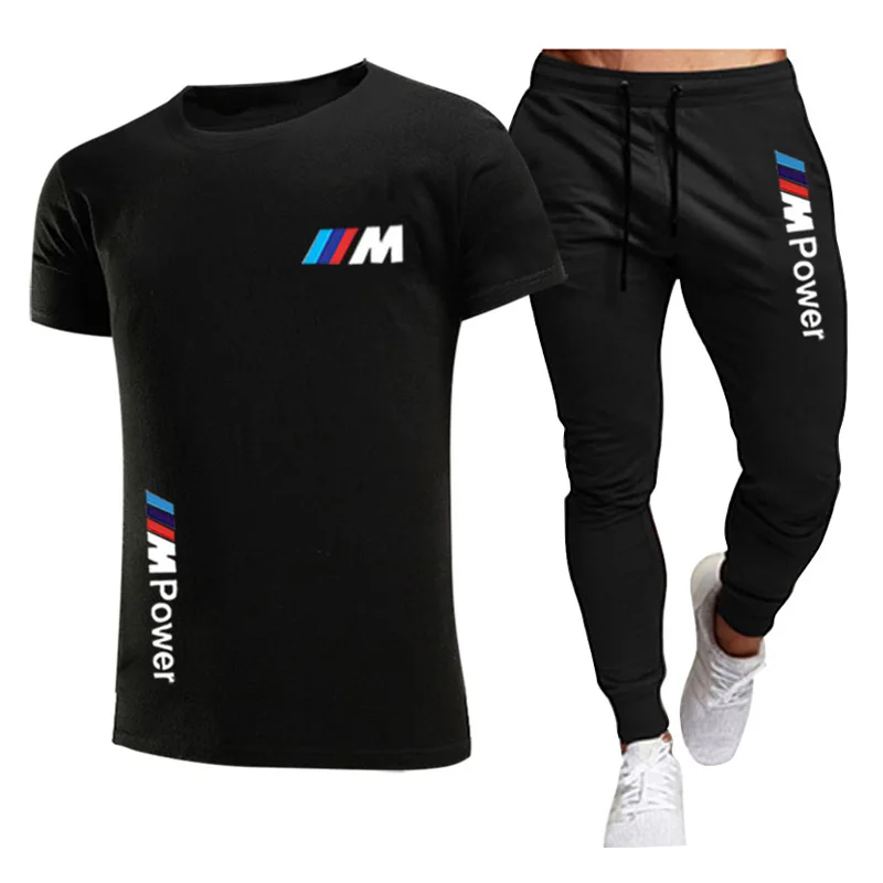 

2021BMW Fashion Casual Sportswear Summer Alphabet Print Suit Men's Jogging Fitness Suit Men's Suit T-shirt + Pants 2-Piece Set