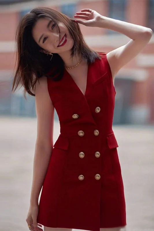 

Shanica's new women's dress in early autumn of Fashion V-neck shoulder, double breasted, slim fit, foreign style, red dress