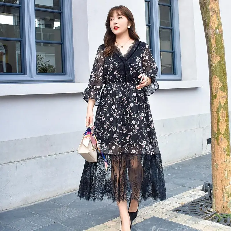 

Bohemian Women Dress Plus Size 4xl Lace Patchwork Maxi Dress v-neck Wrap Long Summer Dress Floral Chiffon Dress Big Size vestido