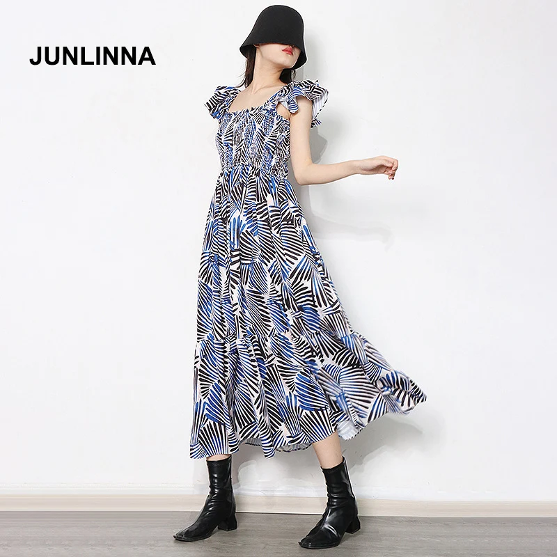 

JUNLINNA Women Bohemian Dress Summer New Fashion Sqaure Collar Elastic Bust Waist Print Long Beach Holiday Vestidos