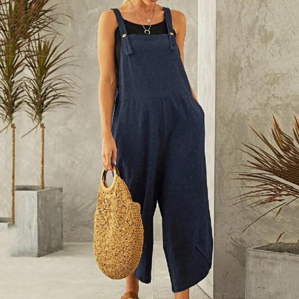 

Fashion jumpsuit women summer 2021 Solid Color Loose Women Shoulder Strap Pockets Romper for Daily Wear Black xxxl