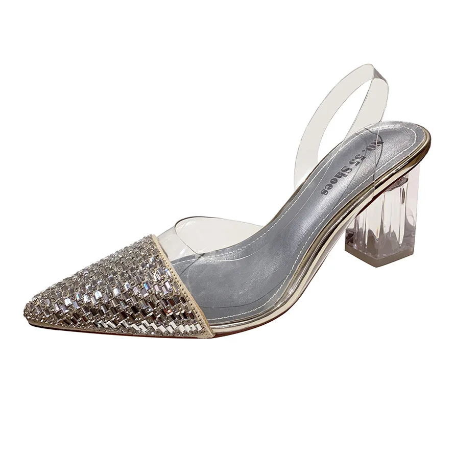 

Sexy pointed shallow mouth high heels transparent thick heel sandals net celebrity side air was thin rhinestone women's shoes
