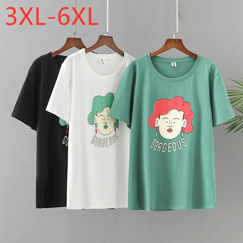 

New 2021 Ladies Summer Plus Size Tops For Women Large Short Sleeve Loose Cotton Green Print Cartoon T-shirt 3XL 4XL 5XL 6XL