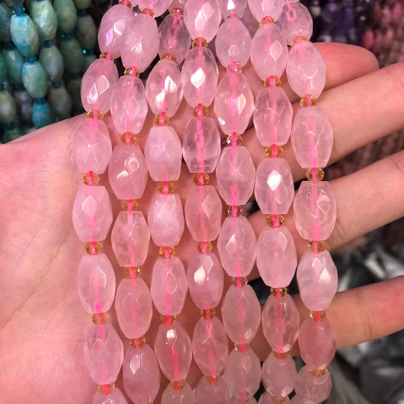 

Natural Rose Quartzs Crystal Barrel Beads, 10x14mm Rice Shaped Loose Spacer Stone Beads For DIY Jewelry Making MY210404
