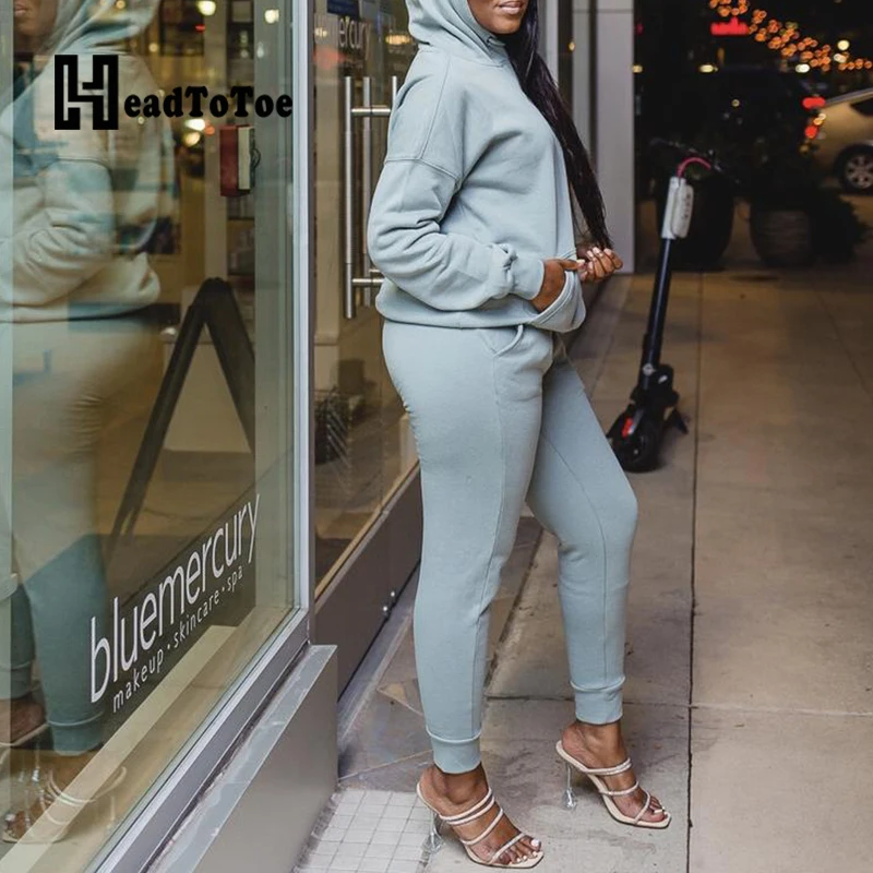 

Solid Pocket Casual Sporty Two Piece Outfits Woman Full Sleeve Hooded Loose Pleated 2 Piece Set Women