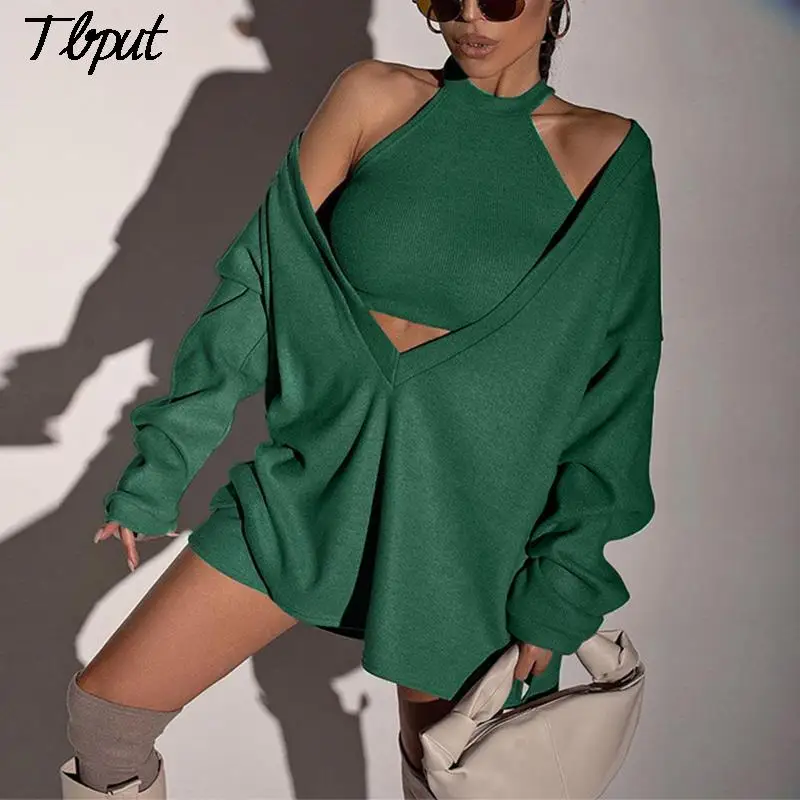 

Women Knitted 2 Pieces Set 2021 Autumn Female Sexy Deep V Neck Halter Pullover With Crop Top Casual Lady Long Sleeve Solid Sets