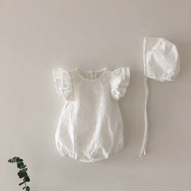

Summer Newborn Girls Little Flying Sleeve Clothing Baby Boys Lace Large Sleeves Bodysuit Infant Cotton Thin Jumpsuit + Hat
