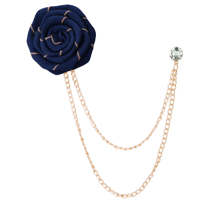 Navy blue Корейская мода ручной работы новая лента цветок отворот булавка Ткань Роза цветы Брошь Мужская кисточка цепь броши для костюмов мужские аксессуары - Окраска металла: Navy blue