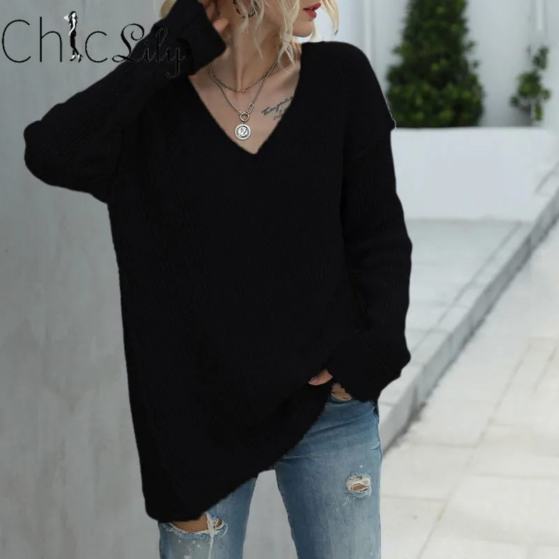 

Chiclily V-Neck Loose Knitted Sweater Women Jumpers Long Sleeve Woman Pullovers Sweaters Casual Autumn Winter