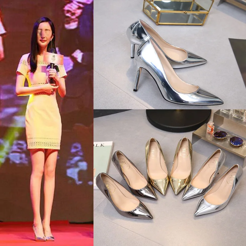 

Tide 2019 Season Silver Sharp High-heeled Shoes Woman Fine With 10cm Golden Wedding Shoes