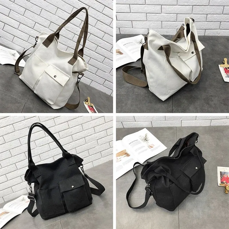 

Women Casual Large Capacity Shopping Bags Solid Color Canvas Retro Ladies Portable Eco Tote Bags