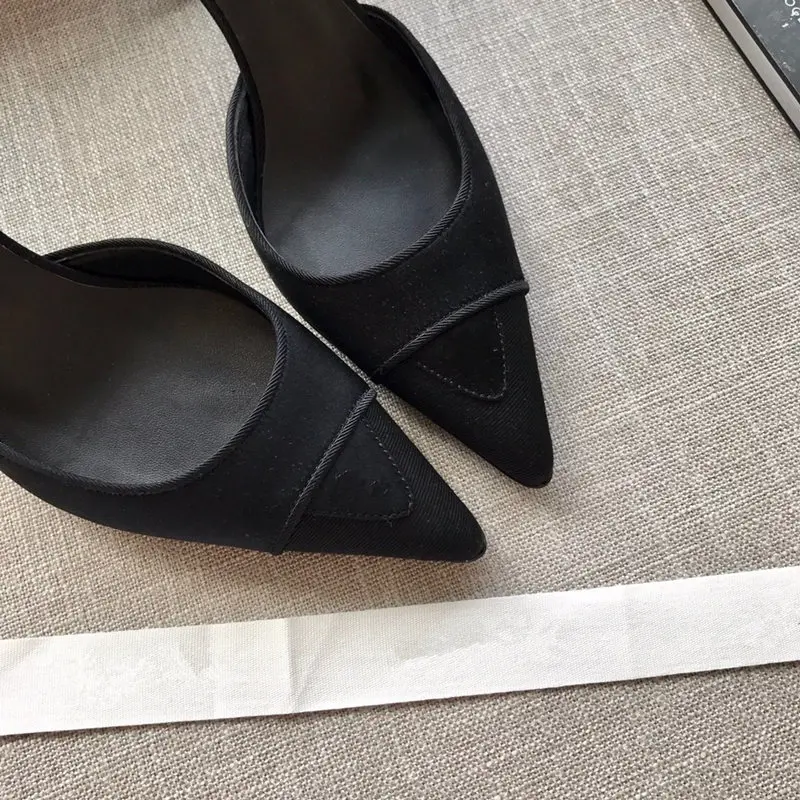 

Office lady Designer fashion women's shoes black leather Gold stamp pointy toe high heel slip on Prom Evening Shoes Bridal shoes