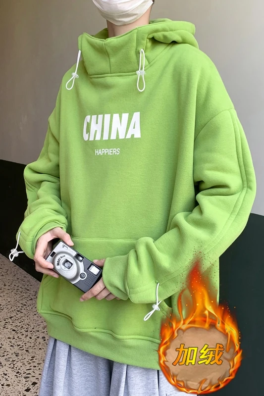 

Plus velvet padded sweater men's hooded high collar autumn and winter New Hong Kong style loose Joker jacket