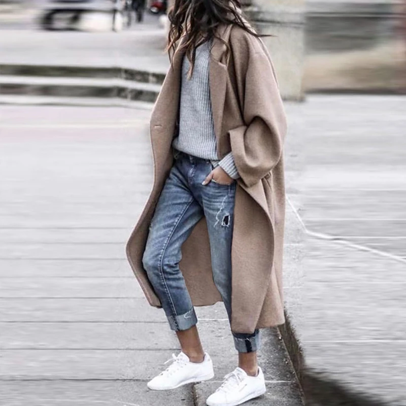 

Осеннее женское модное однотонное длинное пальто в стиле High Street, повседневное теплое двухстороннее шерстяное пальто, элегантные куртки с л...