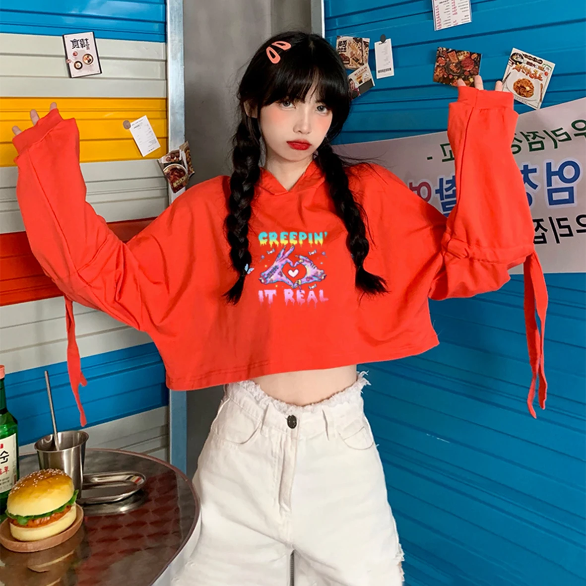 

Y2K Aesthetic Women's Hoodie Gothic Bandage Long Sleeve Ins Wear Hooded Jacket American Solid Color Shirt Student Girl Tops