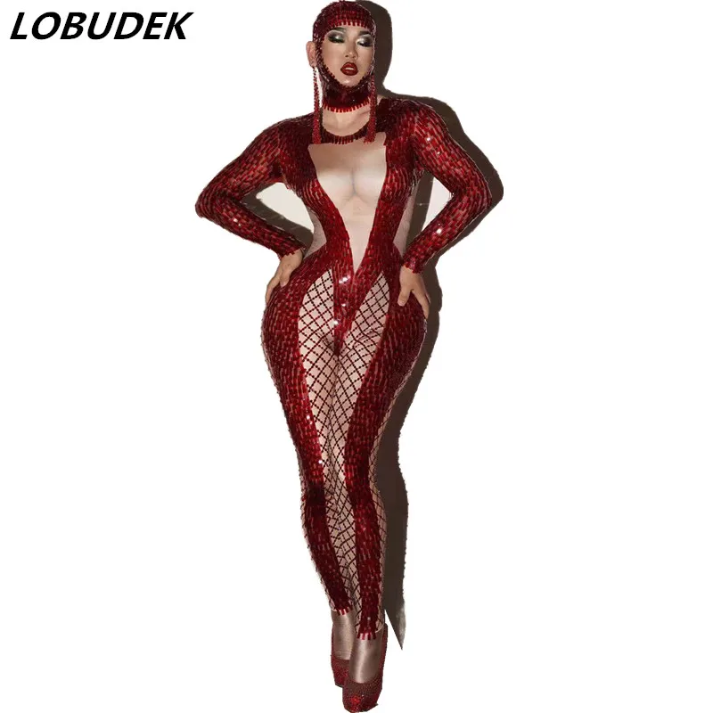 

Sparkly Red Rhinestones Sequins Spandex Stretch Jumpsuit Fashion Women DJ Singer Concert Stage Leotard Birthday Party Costume