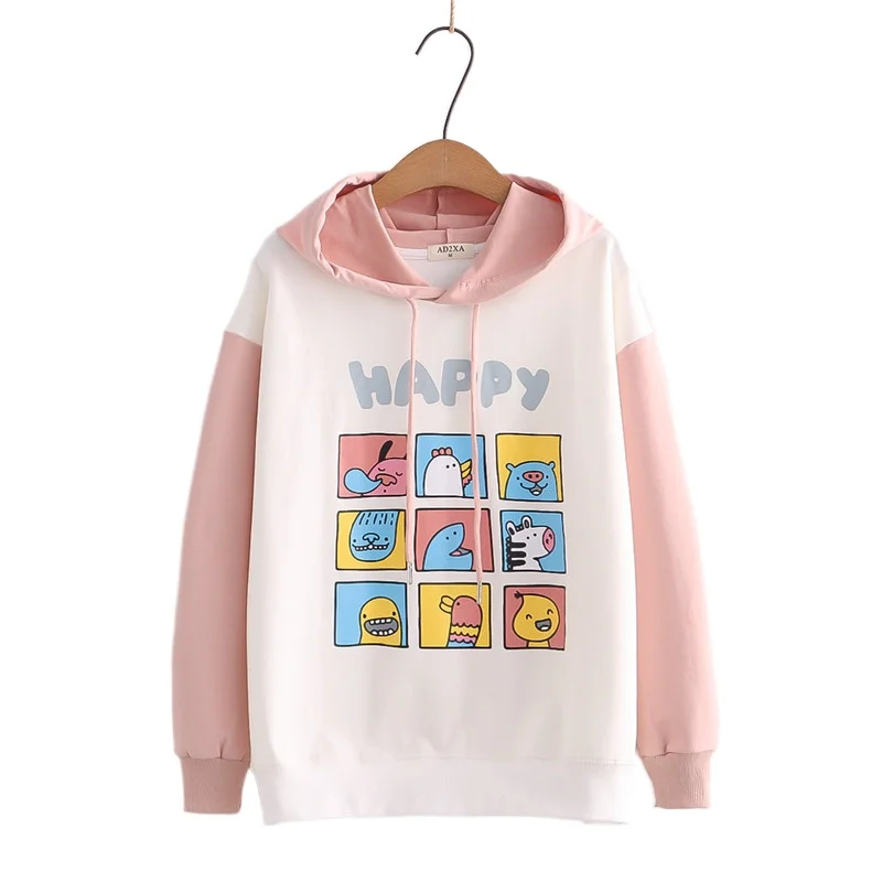 

2021 Autumn Women Cotton Hoodies Sweet Style Cartoon Print Harakuju Hooded Sweatshirt Korean Girly Cotton Drawstring Cute Tops