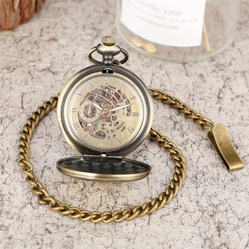 Bronze Smooth Silver Case Hand-winding Mechanical Pocket Watches Roman Numerals Dial Pendant Chain Fob Antique Clock Unisex Gift