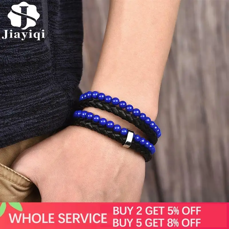 Jiayiqi модный браслет талисман синий натуральный камень натуральная кожа