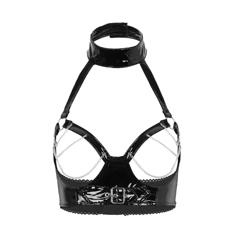 Women Sexy Wetlook Leather Bra Erotic Breast Exposing Hollow Out Bust Ladies Glossy Open Cup Latex Bra Halter Neck With Chain rhinestoned hollow out bra body chain