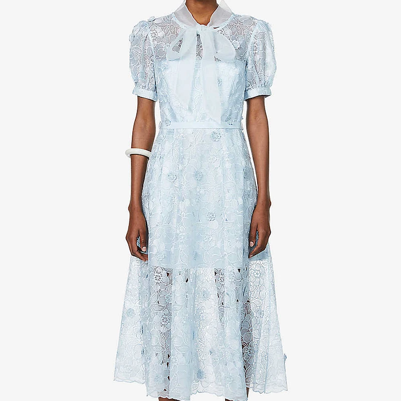 

2021 Summer New Arrive Women Lace Midi Dress Floral Embroidered Short Sleeve Bow Elegant Lady Party Dress
