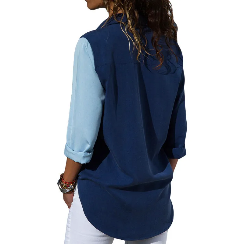 CINESSD Women Chiffon Blouses V Neck Long Sleeves Blue& White Striped Patchwork Button Cardigan Casual Tops Tee Shirts Blouse