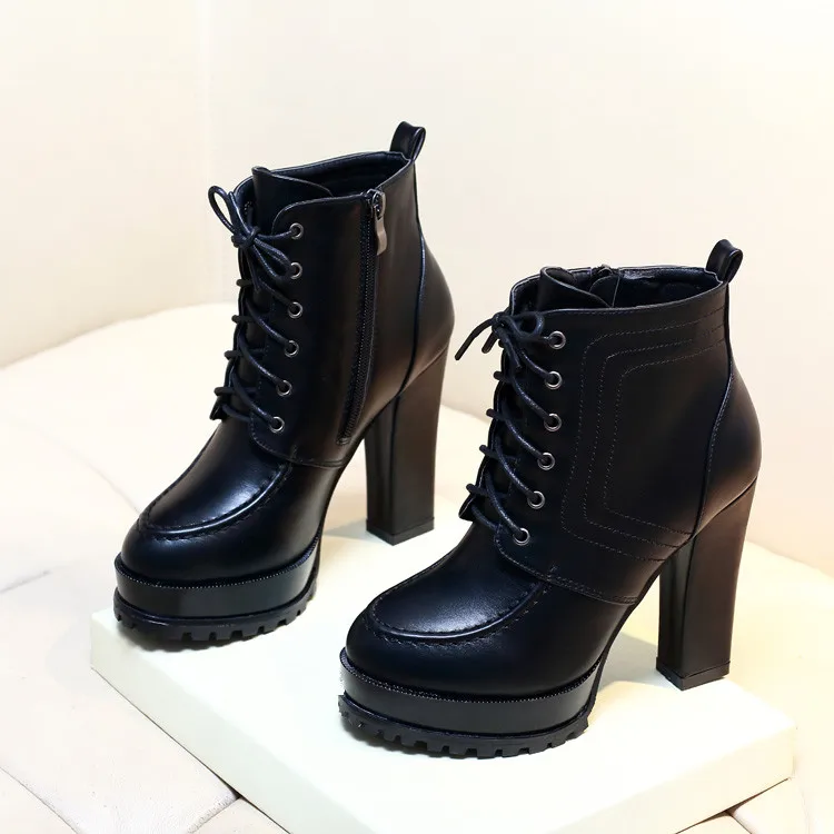 Женские ботильоны на высоком устойчивом каблуке черные ботинки молнии платформе